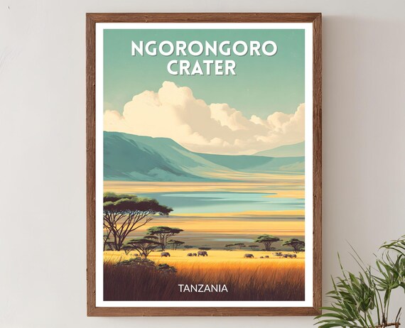 Ngorongoro Crater Tanzania Retro Travel Poster Safari Savanna View