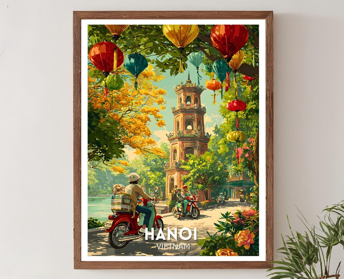 Hanoi Vietnam Hoan Kiem Lake Turtle Tower Lanterns Vintage Travel Poster