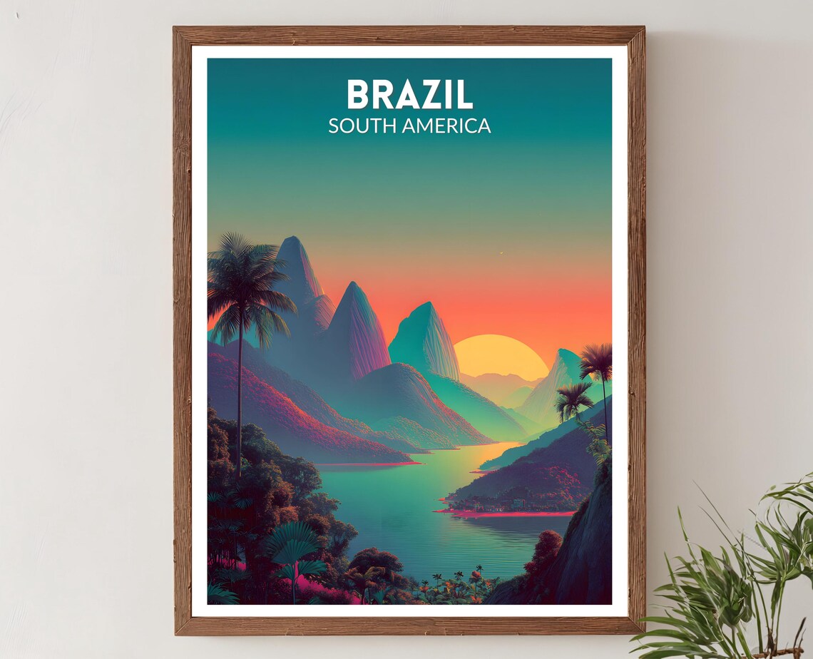 Brazil South America Vibrant Retro Futuristic Sunset Travel Poster