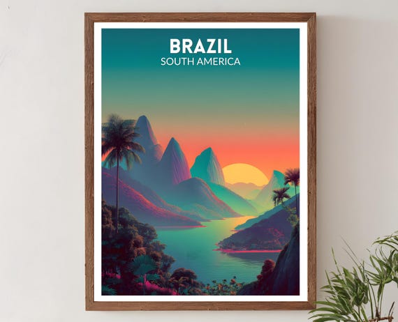 Brazil Vibrant Travel Poster Retro Futuristic Wall Art Print Colorful Landscape Modern South Decor