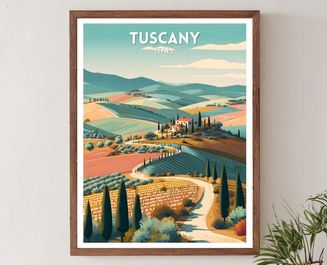 Tuscany Italy Retro Travel Poster, Vintage Landscape