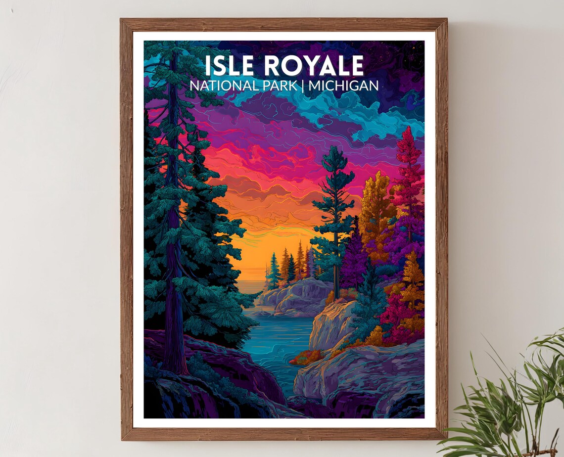 Isle Royale National Park Michigan Vibrant Sunset Lake Travel Poster