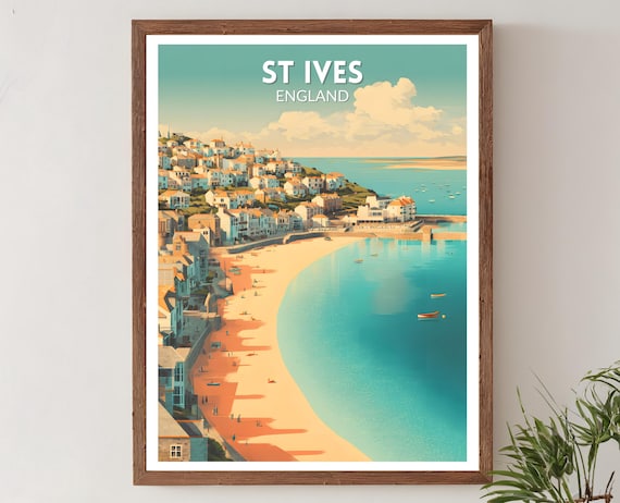 St Ives England Retro Coastal Seaside Travel Poster Mid Century