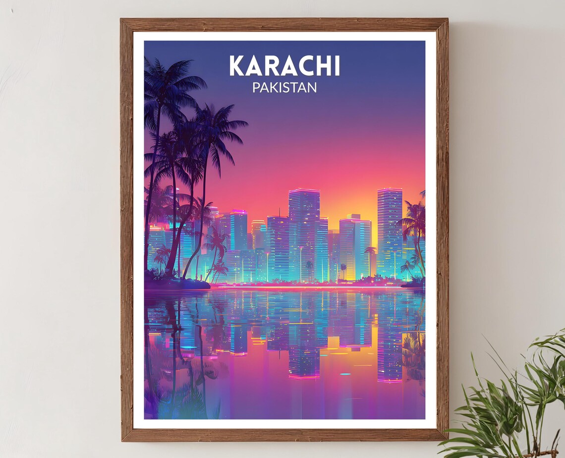 Karachi Pakistan Vibrant Retro Futuristic Neon Skyline Travel Poster
