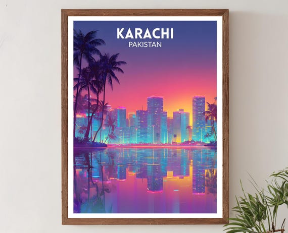 Karachi Pakistan Vibrant Travel Poster Retro Futuristic Wall Art Print Colorful Cityscape Modern Asian Decor