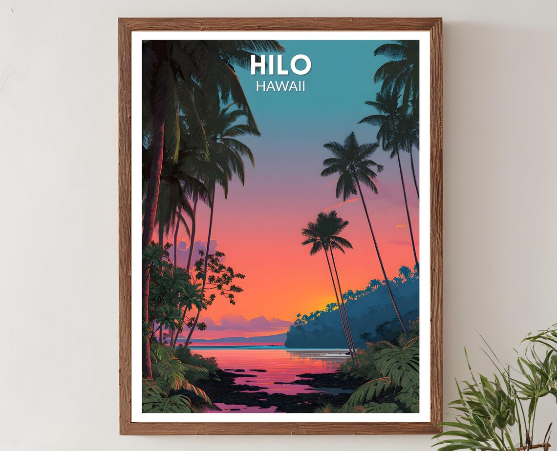 Hilo Hawaii Vibrant Retro Futuristic Palm Sunset Travel Poster