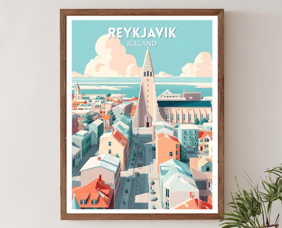 Reykjavik Iceland Retro Travel Poster, Mid-Century