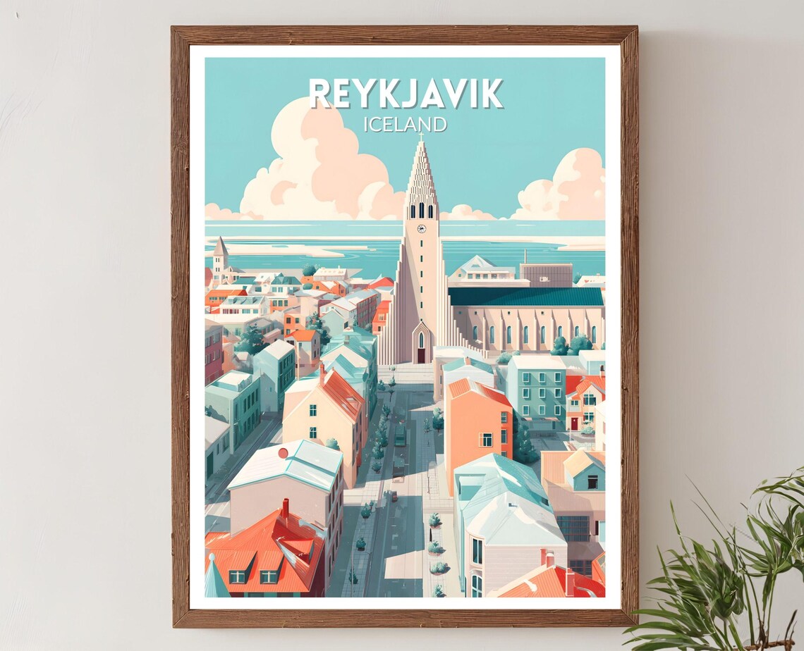 Reykjavik Iceland Retro Travel Poster, Mid-Century