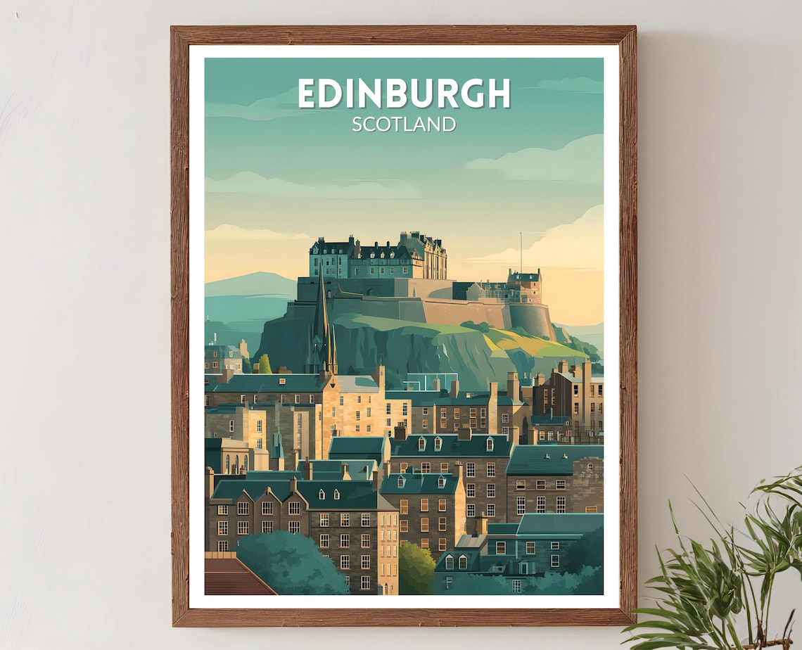Edinburgh Scotland Retro Travel Poster, Vintage Skyline