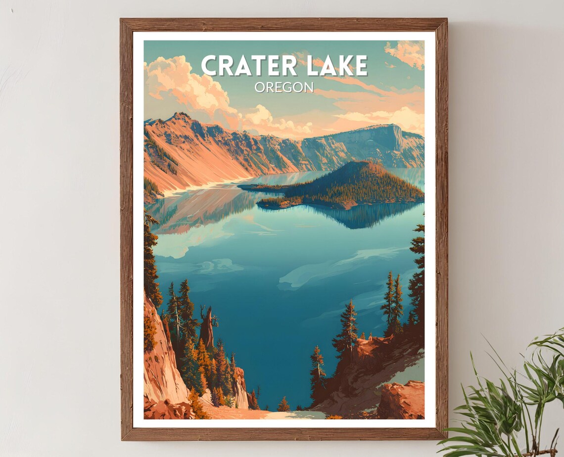 Crater Lake Oregon National Park Wizard Island Vintage Travel Poster