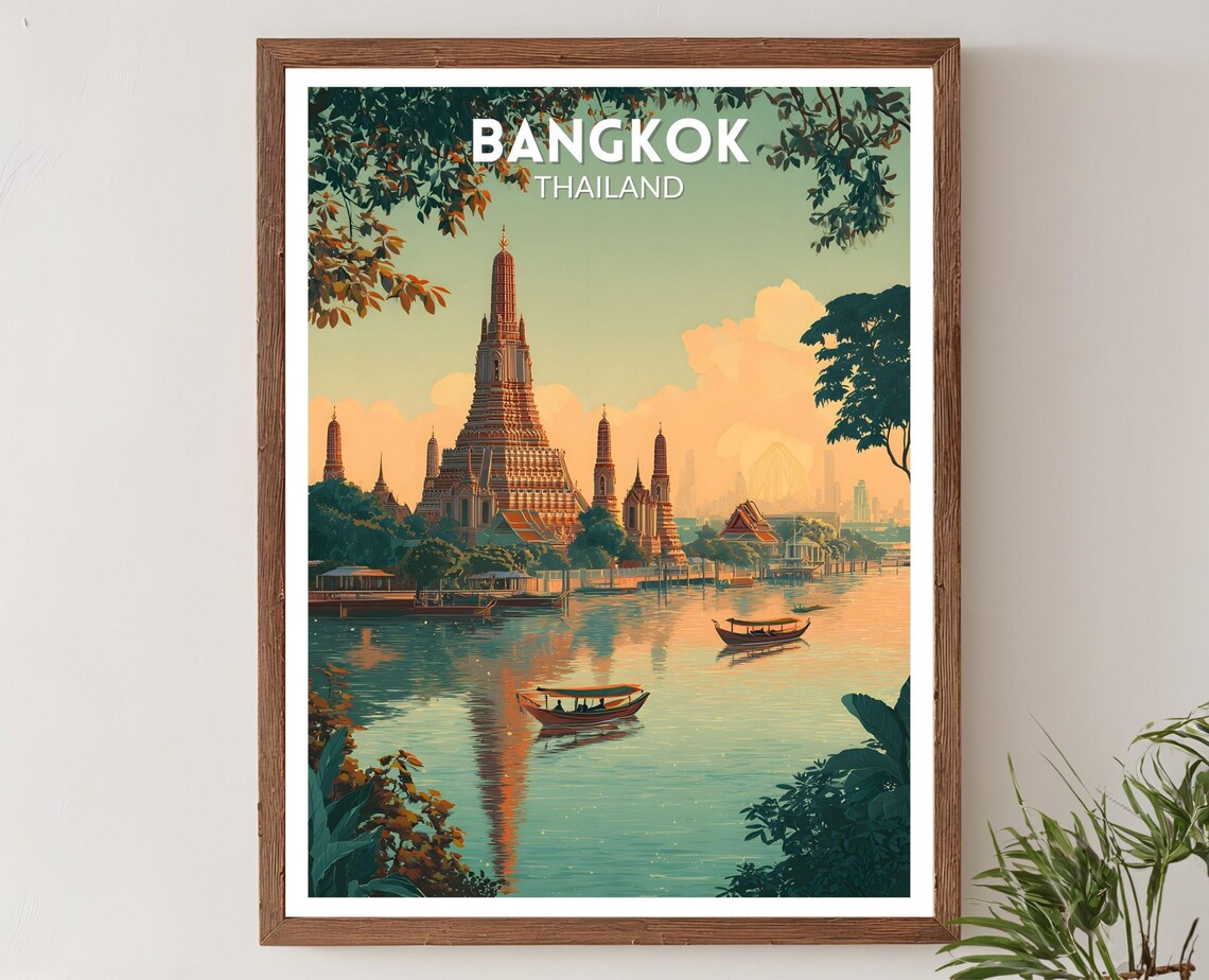 Bangkok Thailand Retro Travel Poster, Mid-Century
