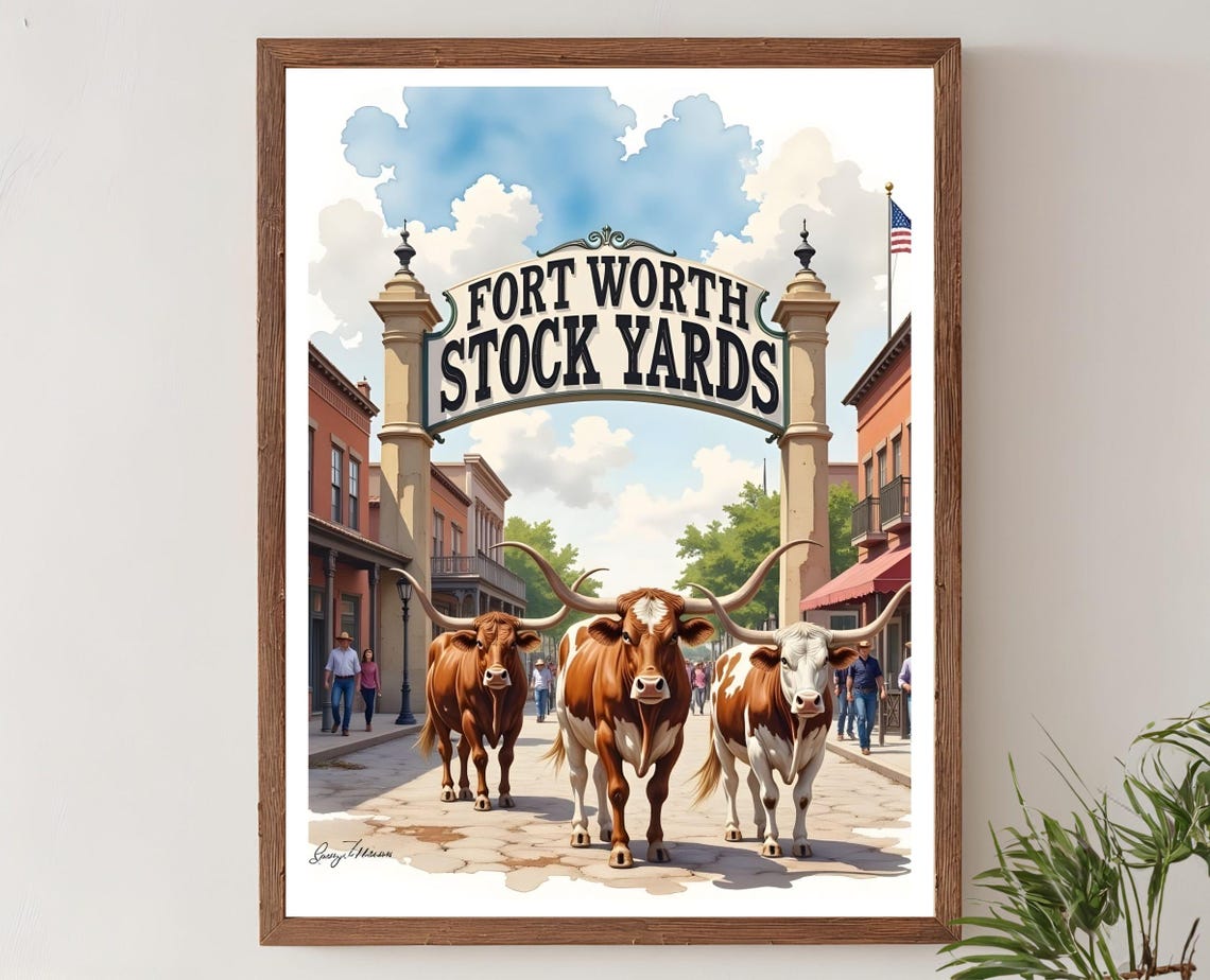 Fort Worth Stockyards Texas Longhorn Cattle Drive Western Poster