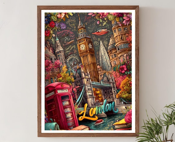 London Phone Box Big Ben Tower Bridge Colorful Art Collage Poster