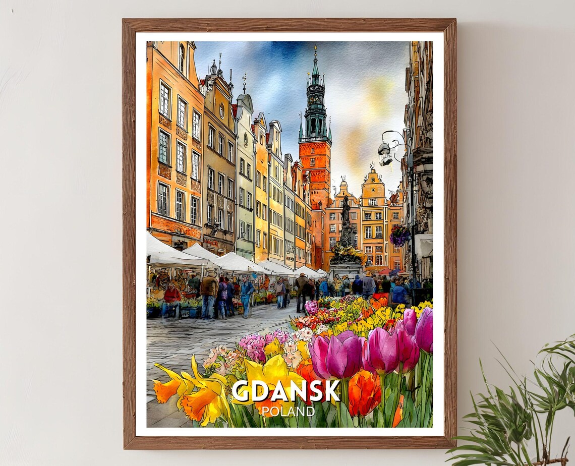 Gdansk Poland Old Town Market Square Flower Stall Travel Poster