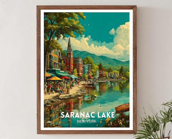 Saranac Lake Travel Print New York Wall Art Adirondack Poster Cityscape Artwork Decor Upstate Ny