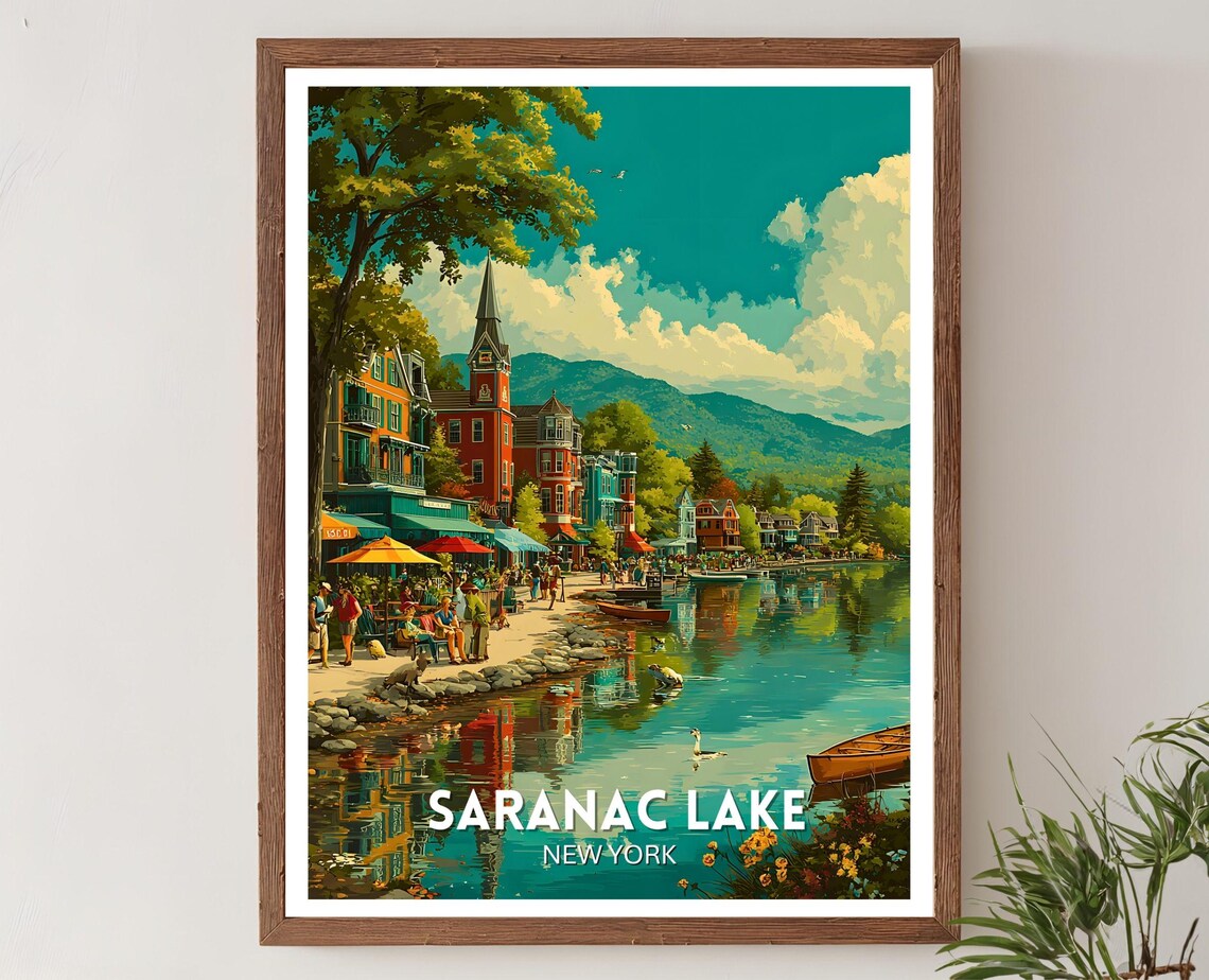 Saranac Lake New York Adirondack Waterfront Village Travel Poster