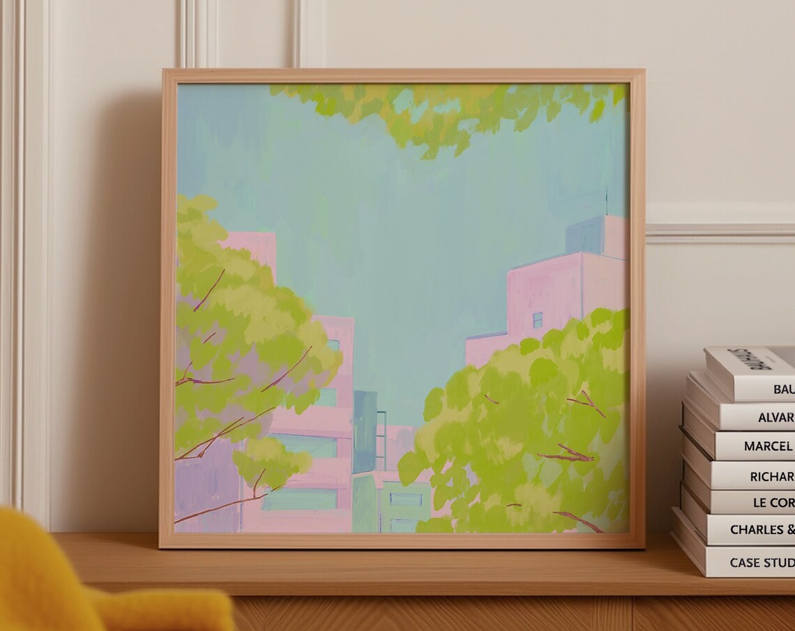 Pastel Pink Cityscape With Green Trees Abstract Urban Poster