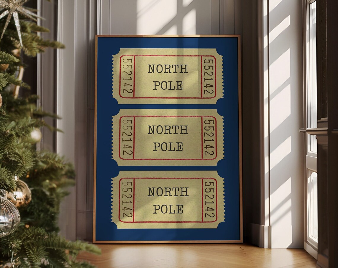 Vintage North Pole Ticket Stubs On Deep Navy Blue Holiday Poster