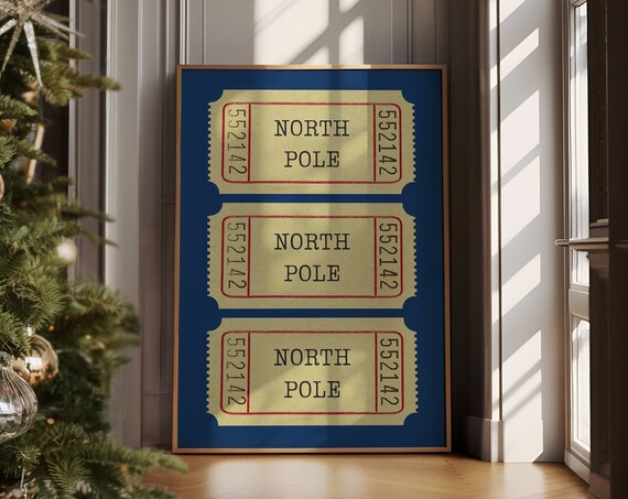 Vintage North Pole Ticket Stubs On Deep Navy Blue Holiday Poster