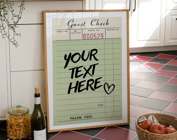 Custom Guest Check Print Trendy Guest Check Print Retro Personalized Guest Check Wall Art Funky Kitchen Decor Aesthetic Bar Cart Print