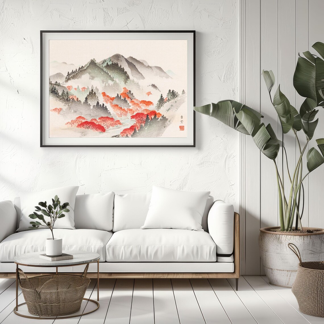 Japanese Misty Mountain Valley With Red Autumn Maples Art Poster - Image 3