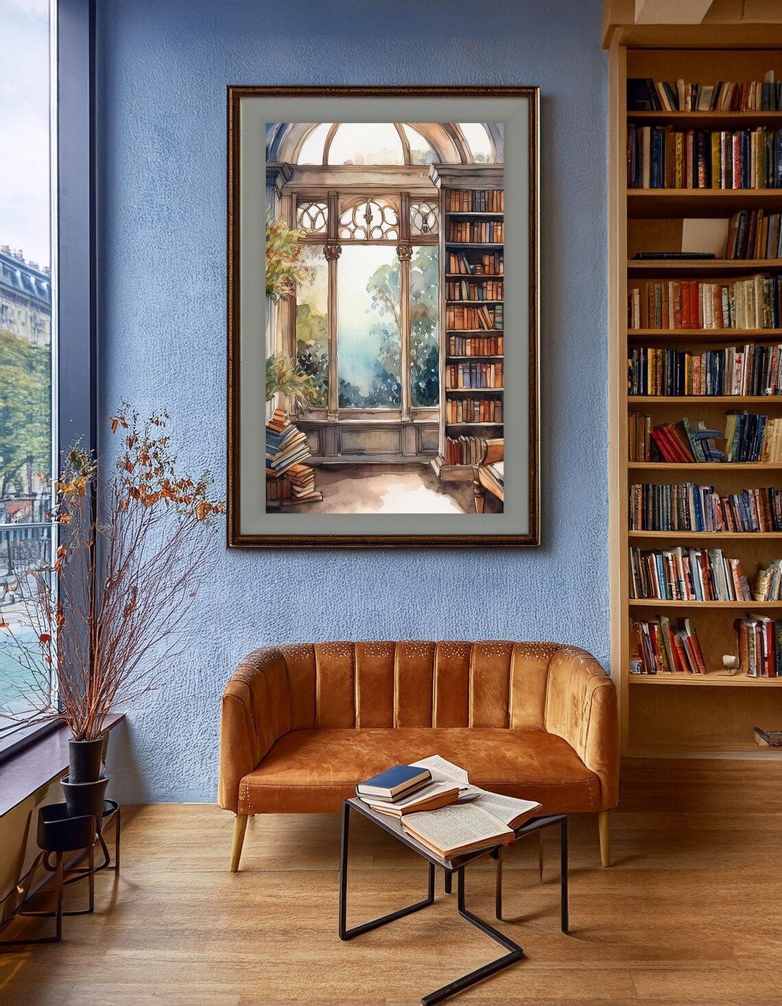 Library Window Watercolor Cozy Bookshelf Reading Nook Book Lover Wall Art Poster