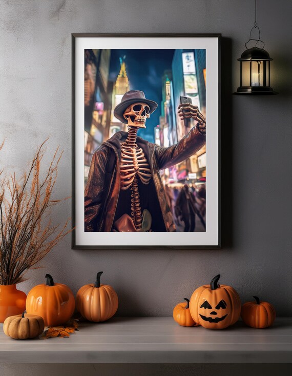 Funny Skeleton Taking Selfie Night City Street Halloween Art Poster