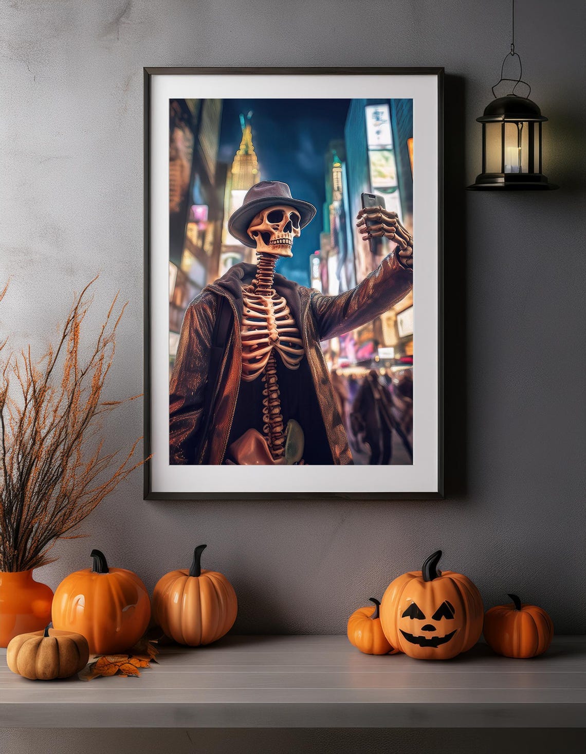 Funny Skeleton Taking Selfie Night City Street Halloween Art Poster