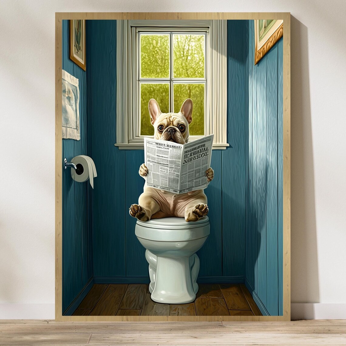Funny French Bulldog Reading a Newspaper on the Toilet Poster