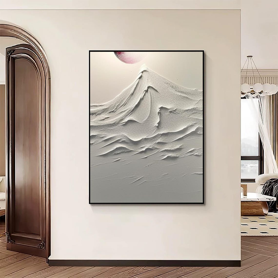 White Snow Mountain Peak Pink Sun Abstract Textured Wall Poster - Image 3