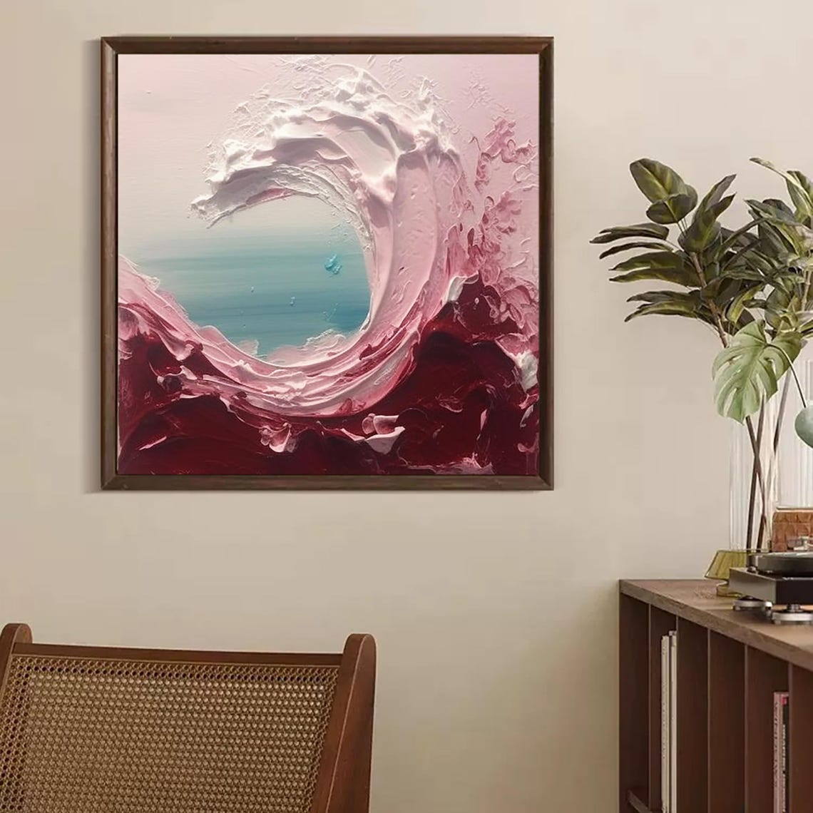 Pink Red Ocean Wave Circle Teal Sea Center Impasto Square Poster - Image 2