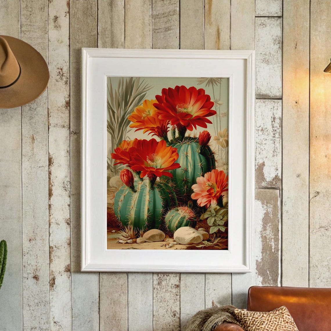 Blooming Barrel Cactus Flowers Poster, Vintage Botanical Style Artwork