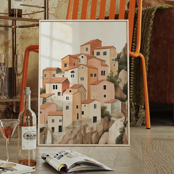 Rustic Cliffside Village Canvas Wall Art Terracotta Mediterranean Coastal Home Print Boho Architecture Decor