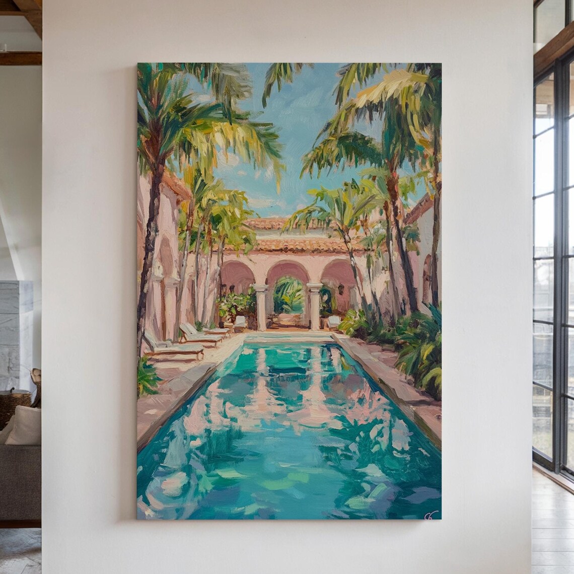 Tropical Courtyard Pool, Mediterranean Style Art Print
