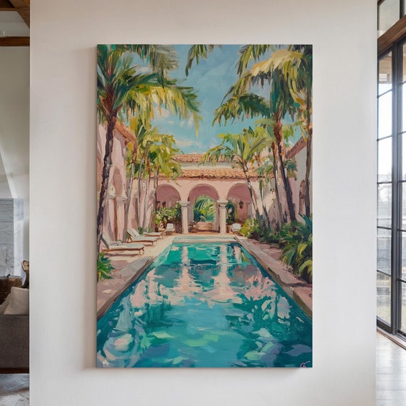 Tropical Courtyard Pool, Mediterranean Style Art Print