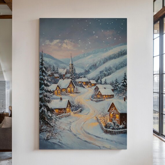 Snowy Village at Dusk With Church Glowing Windows Winter Night Poster