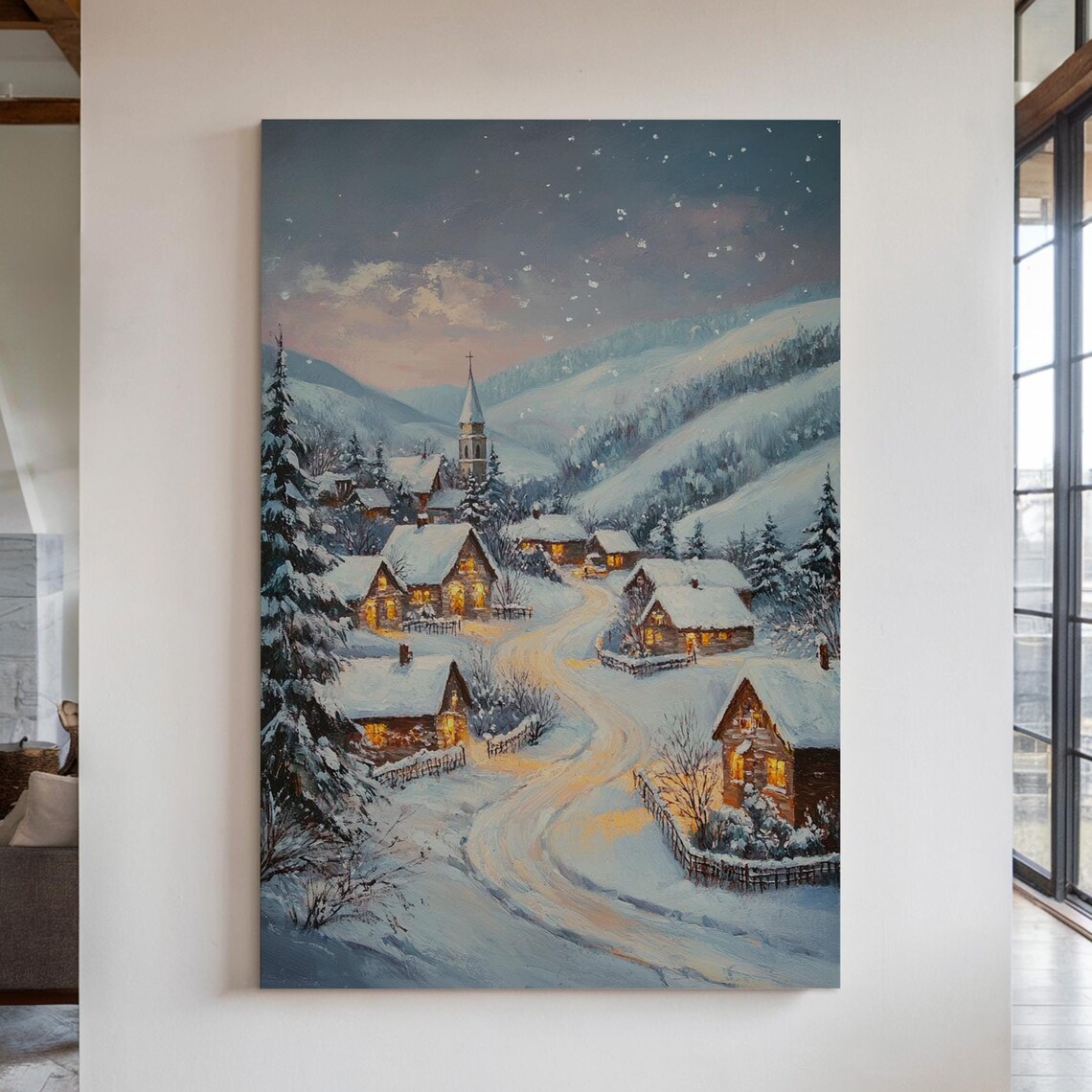 Snowy Village at Dusk With Church Glowing Windows Winter Night Poster