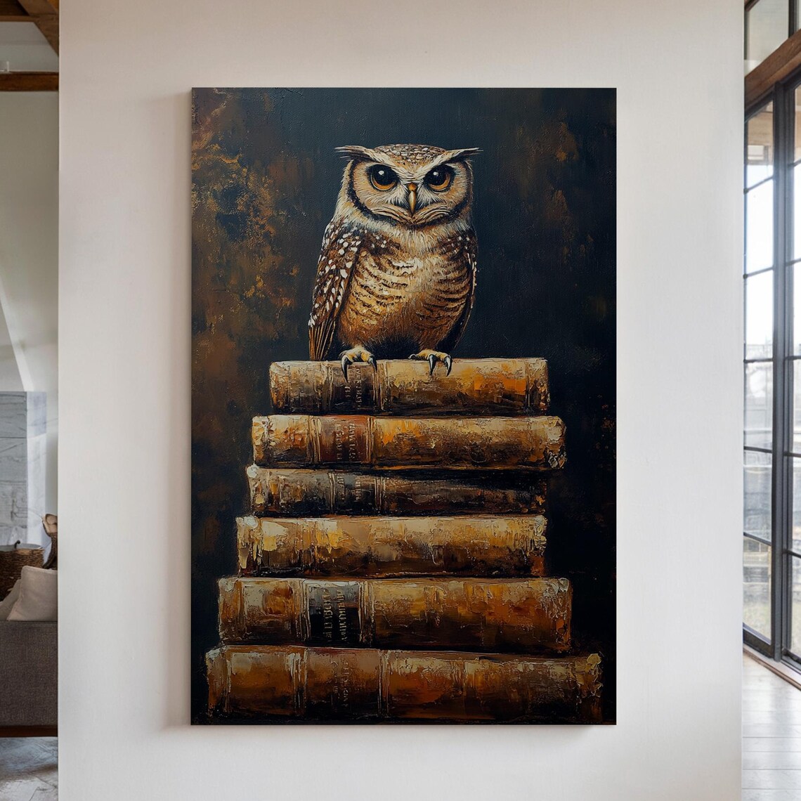 Vintage Owl On Books, Rustic Library Decor Poster