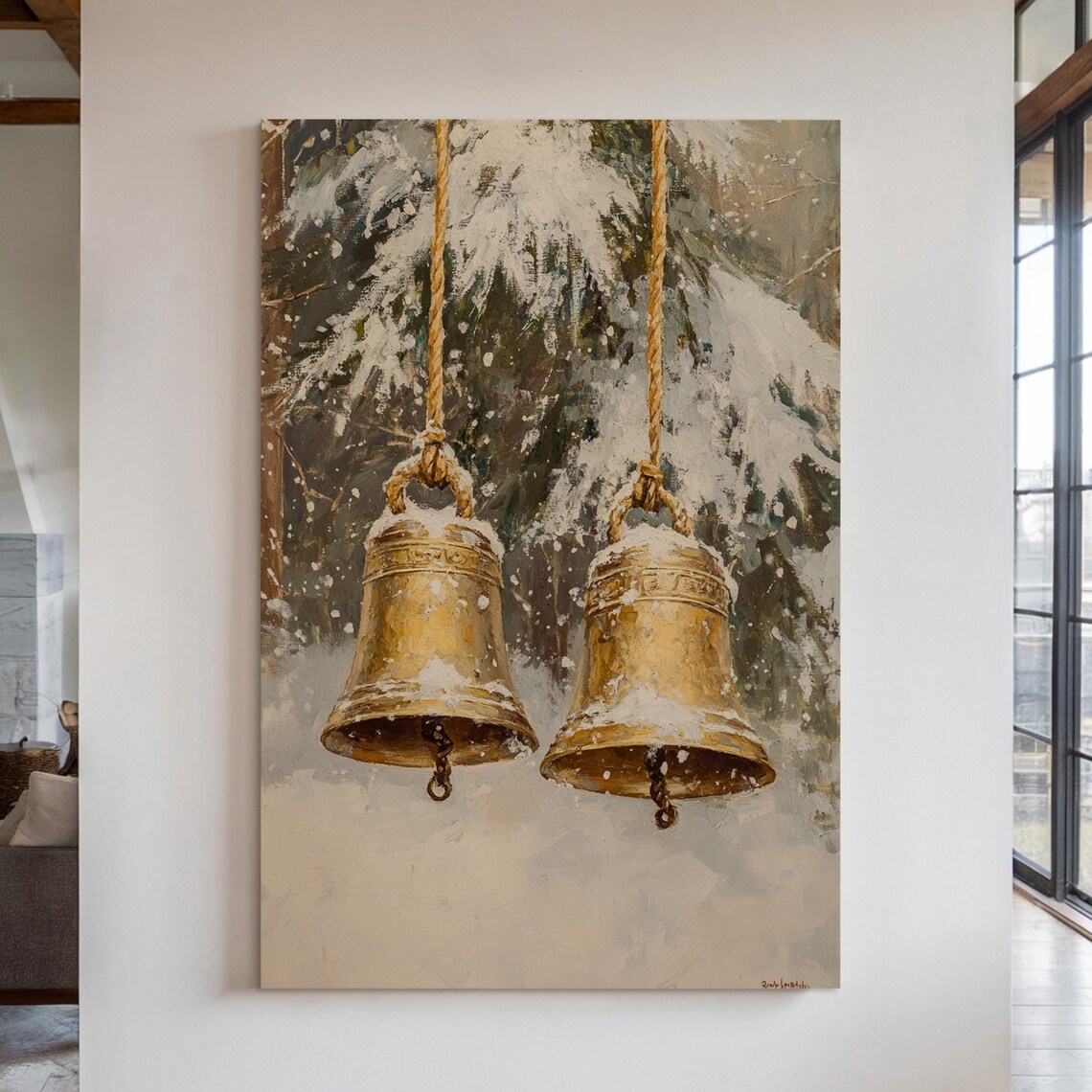 Two Golden Christmas Bells Hanging in Snowy Pine Forest Art Print