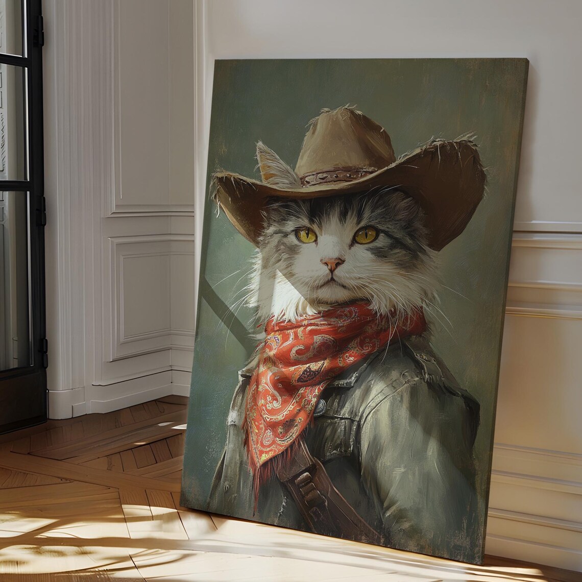Cowboy Cat Wearing Tan Hat And Red Bandana Funny Western Wall Art