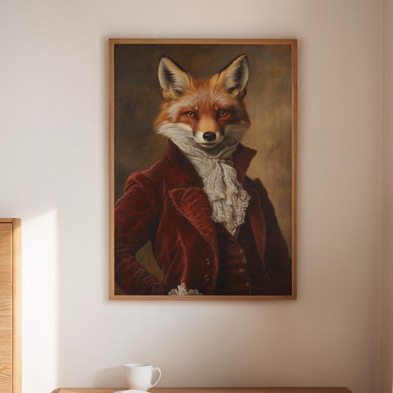 Dashing Fox In Red Velvet Coat With Cravat Victorian Animal Portrait Canvas Art Whimsical Decor For Eclectic Vintage Spaces