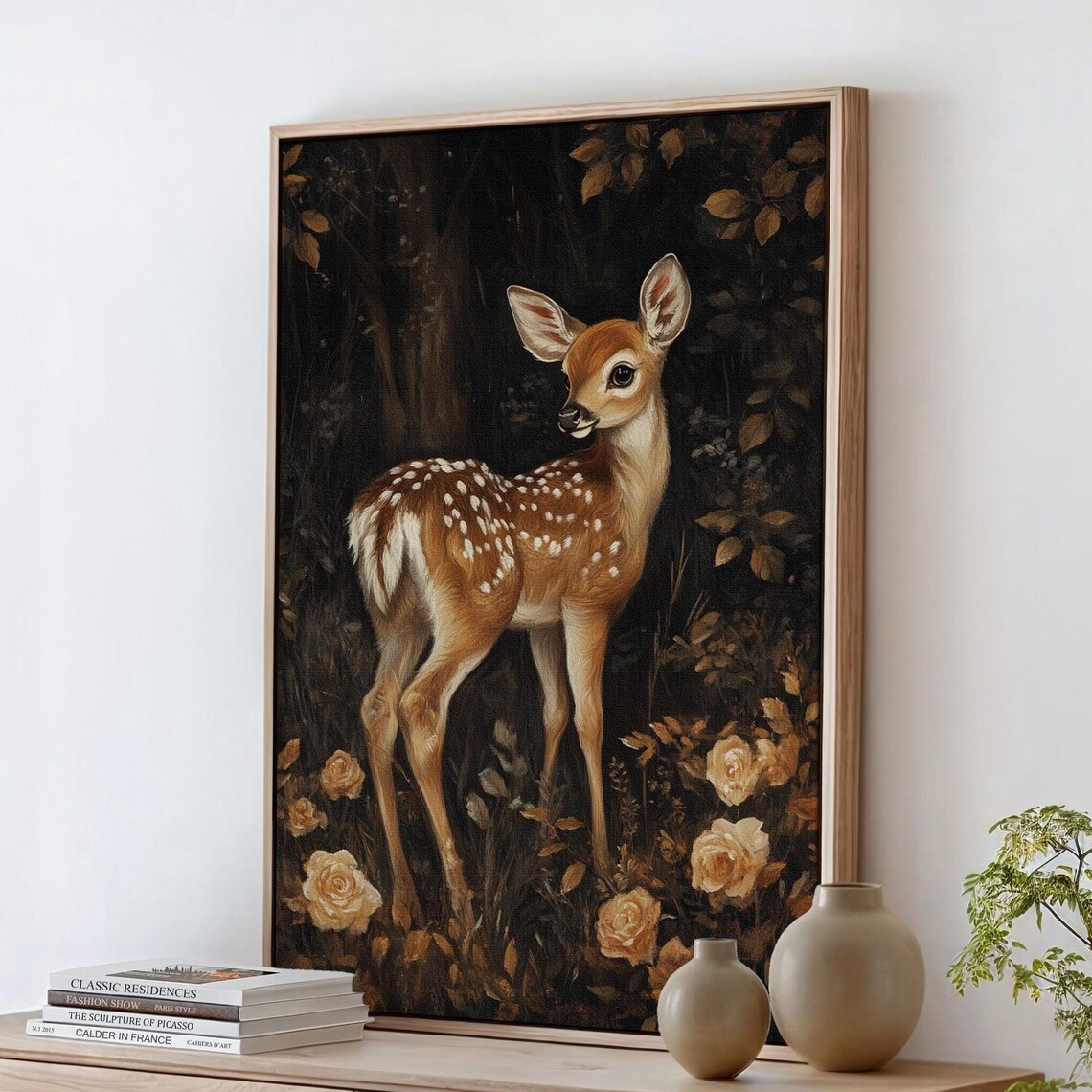 Baby Fawn In Shadowy Forest With Golden Roses Painting Poster