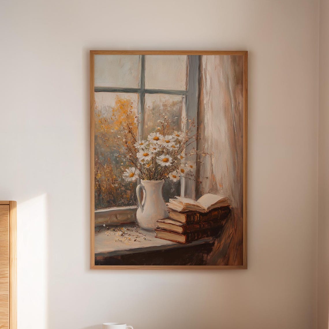 Daisy Pitcher Vase Windowsill Old Books Autumn View Still Life Poster