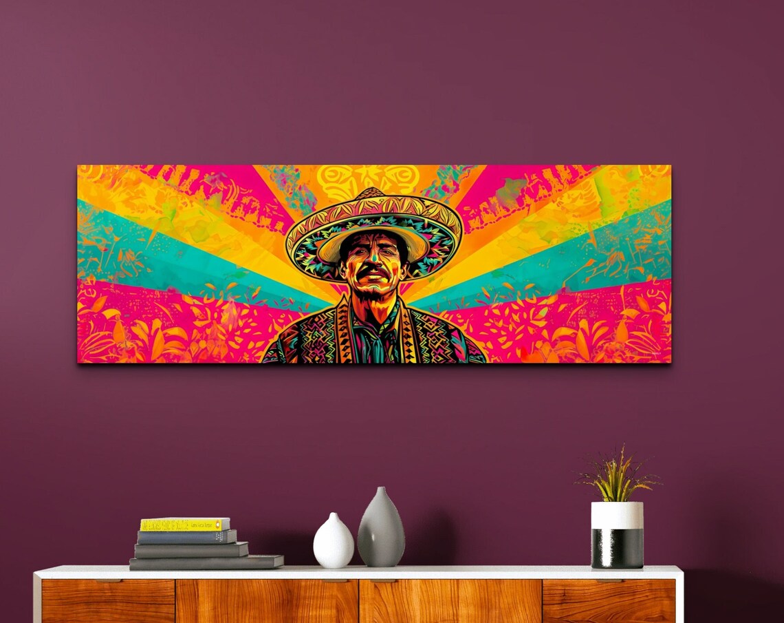Man in a Sombrero With a Bold Colorful Sunburst Panoramic Poster