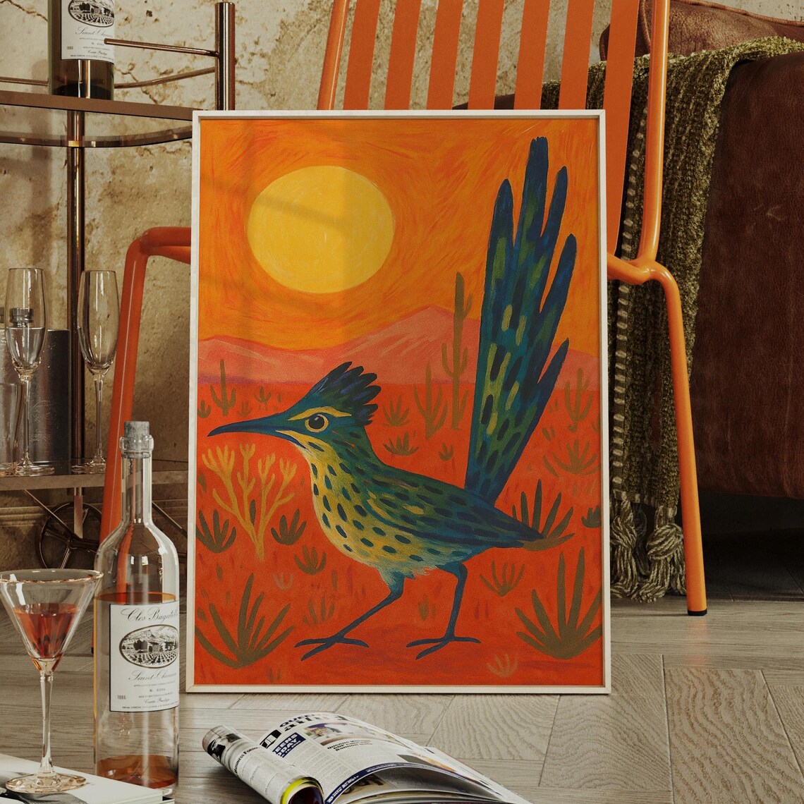 Southwestern Roadrunner Bird In Orange Desert Sunset With Cacti Poster