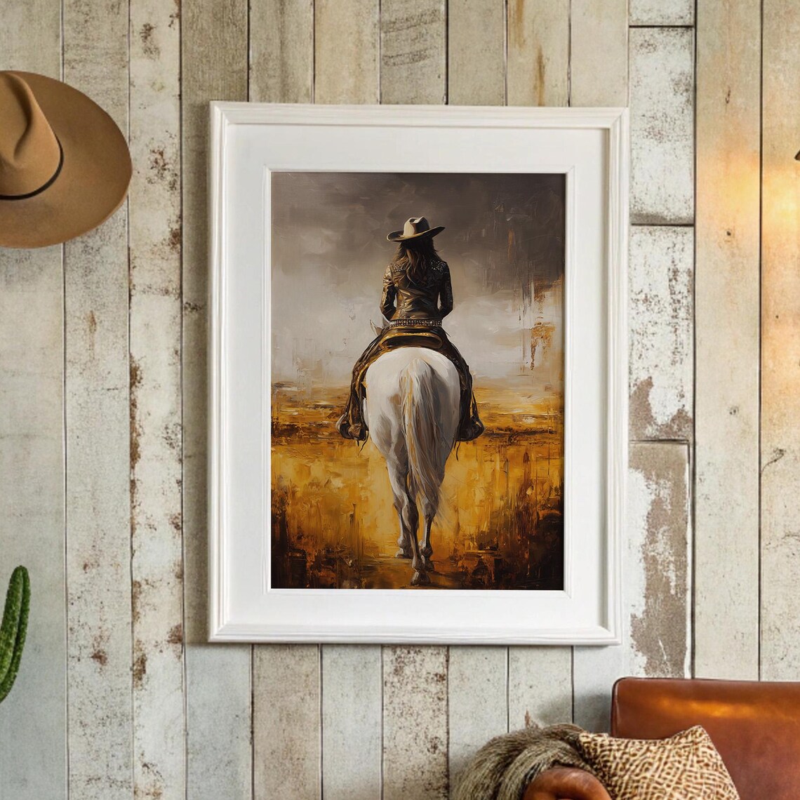 Cowgirl Riding White Horse Golden Plains Oil Painting Western Art Poster
