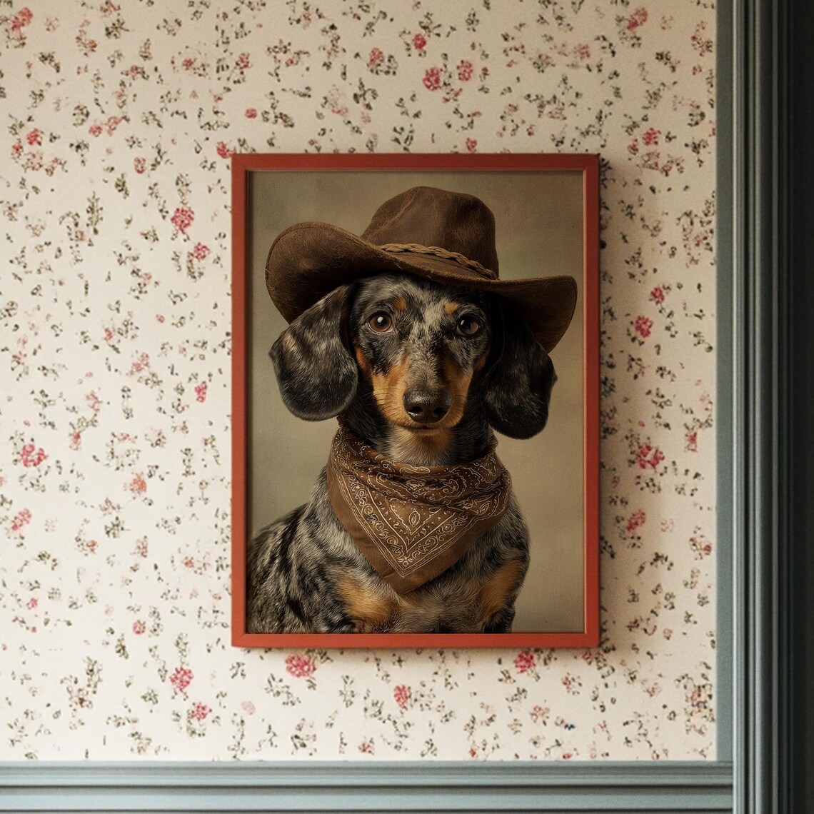 Cowboy Dachshund Dog in Hat and Bandana Western Pet Portrait Poster