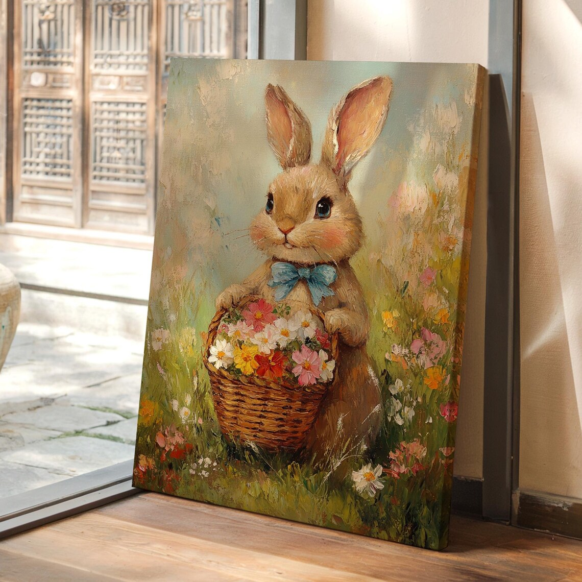 Sweet Bunny With Blue Ribbon Bow And Colorful Flower Basket Poster