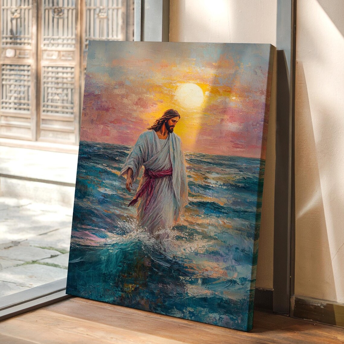 Jesus Walking On Water Golden Sunrise Ocean Miracle Art Poster