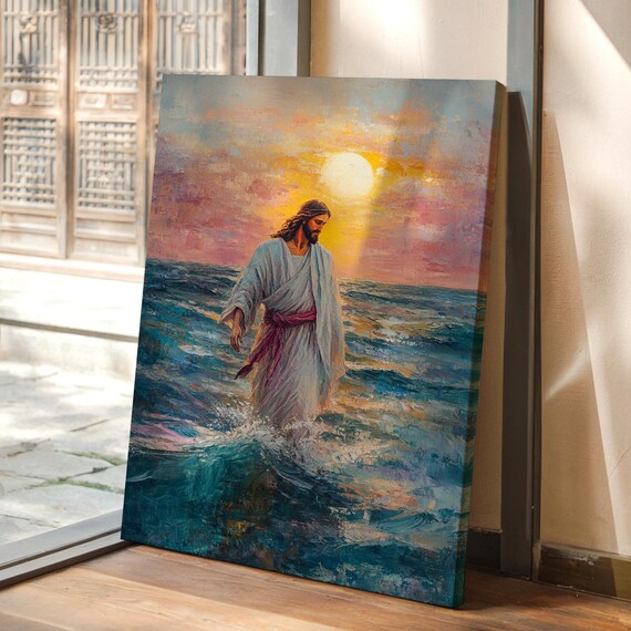Jesus Walking On Water Golden Sunrise Ocean Miracle Art Poster